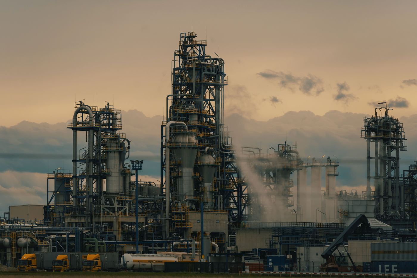 Petrochemical processing plant at dusk