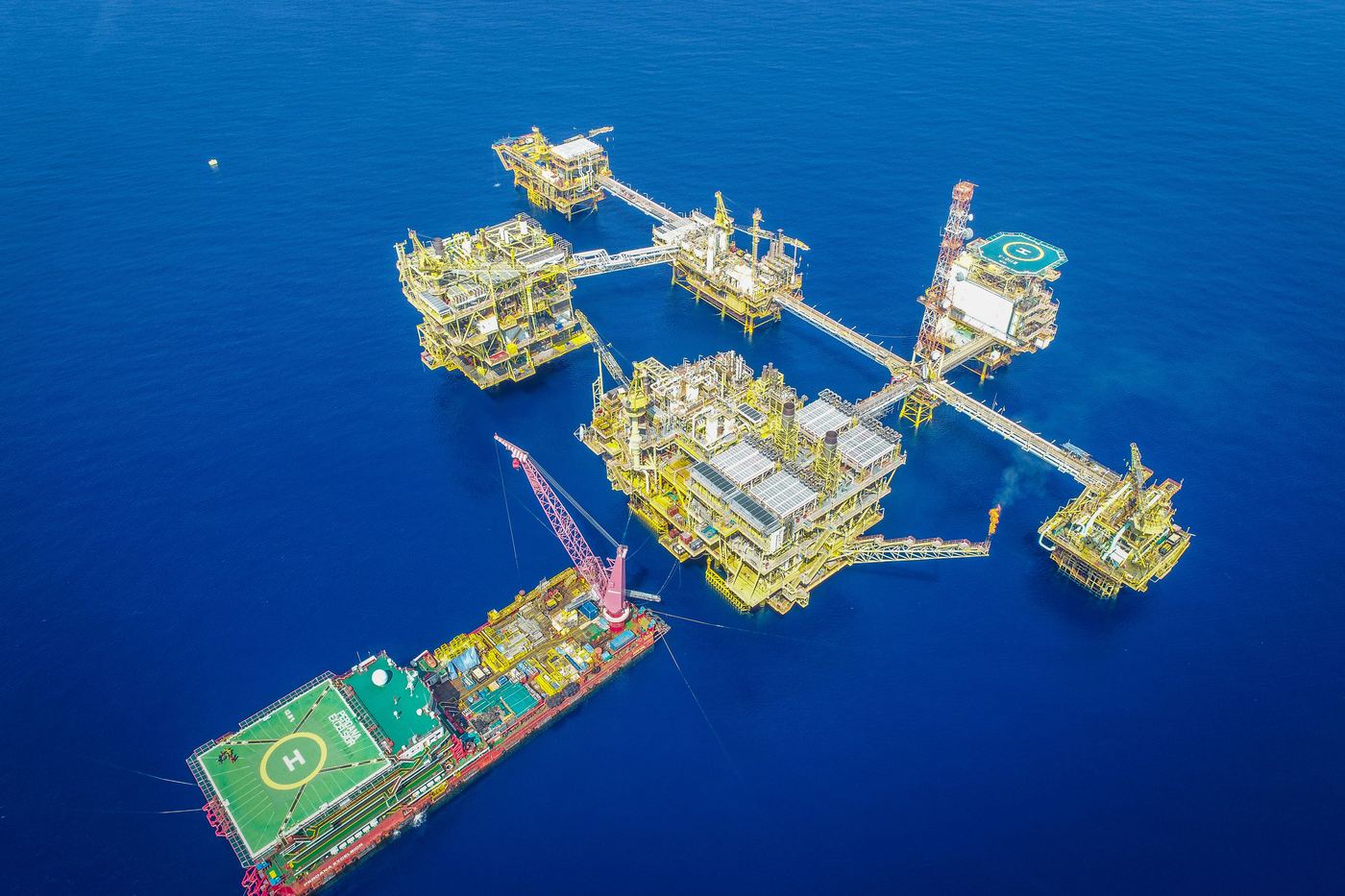Aerial view of an offshore oil and gas platform complex